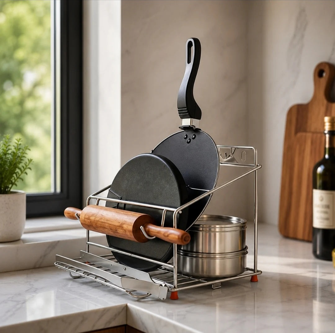 Chakla Belan Stand – Stainless Steel 4 in 1 Chakla Belan Stand for Kitchen