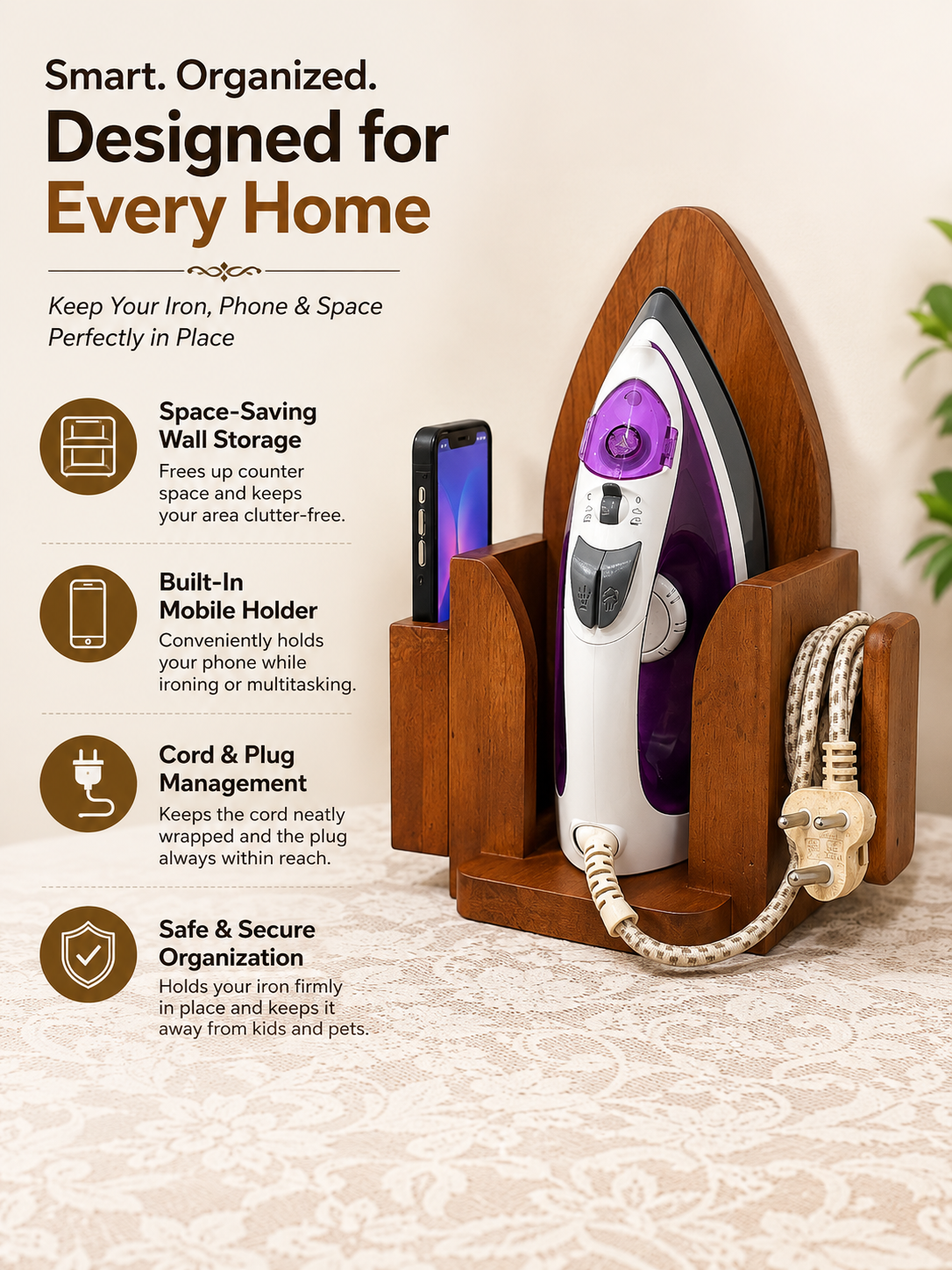 Wooden Iron Holder Stand | Wall Mount Organizer